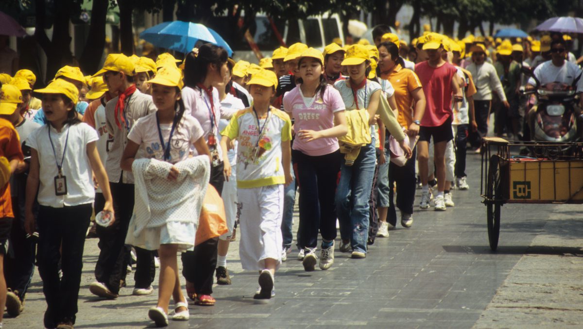 Students in yellow, student, color, walk