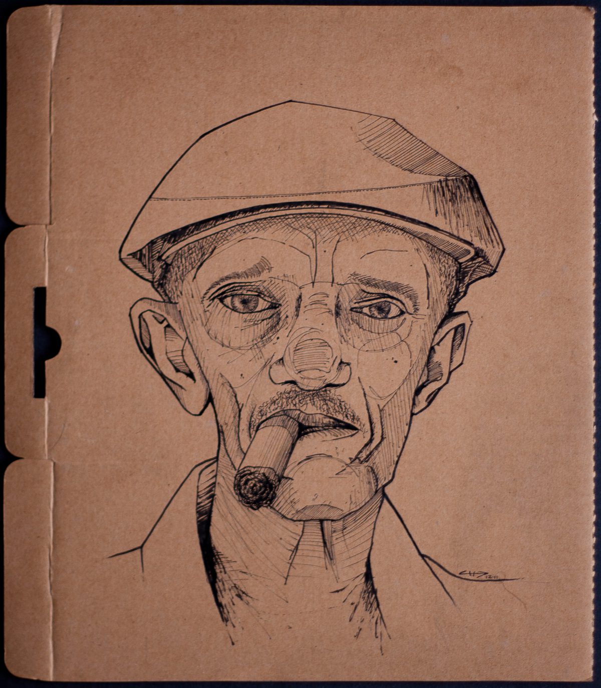 Man with cigar - 25x30cm, ink on cardboard, cardboard, ink, ch3