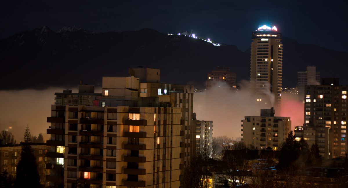 cloud, inversion, view, building, mountain, night