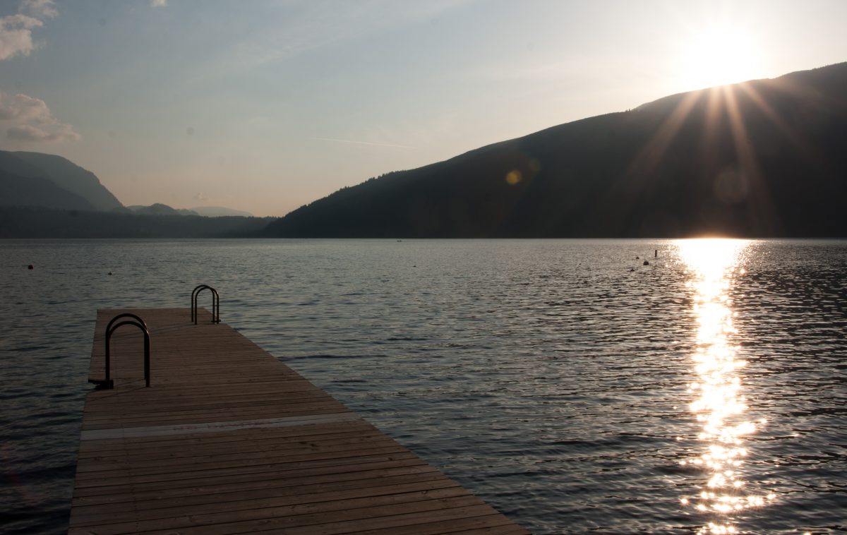 lake, water, pier, sunset