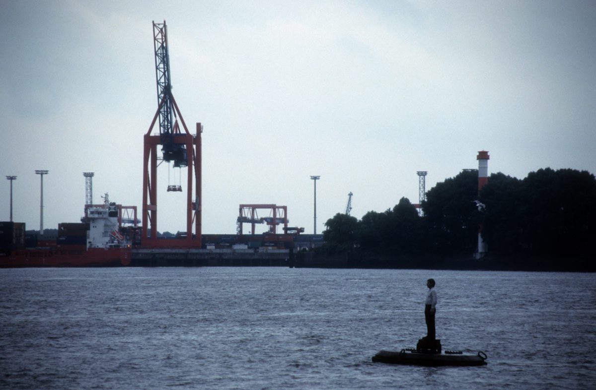 Standing man, port, sky, sea, crane, male