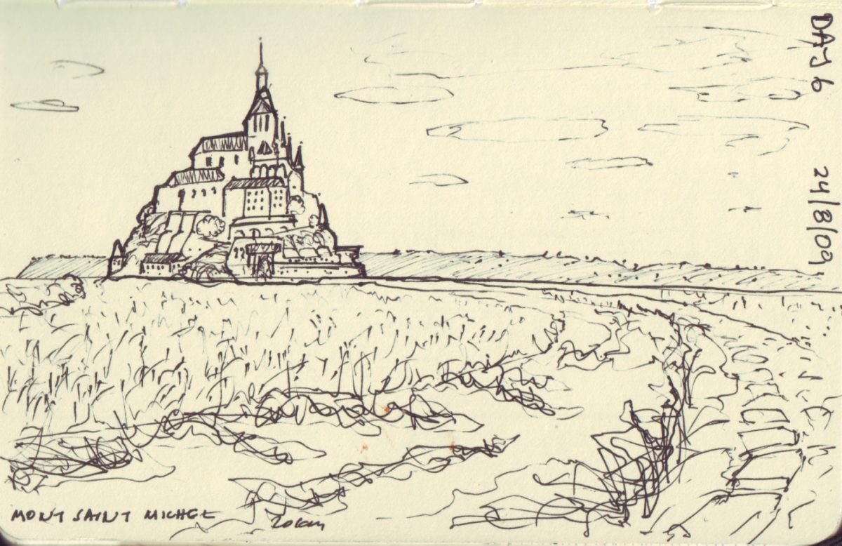 Mont Saint Michel - Pen on sketchbook. Travel journal, during cycling trip accross Europe, paper, ch3, sketchbook