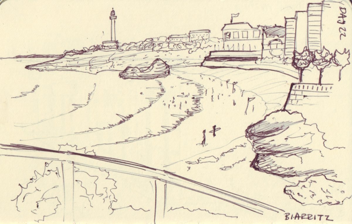 Biarritz - Pen on sketchbook. Travel journal, during cycling trip accross Europe, paper, ch3, sketchbook