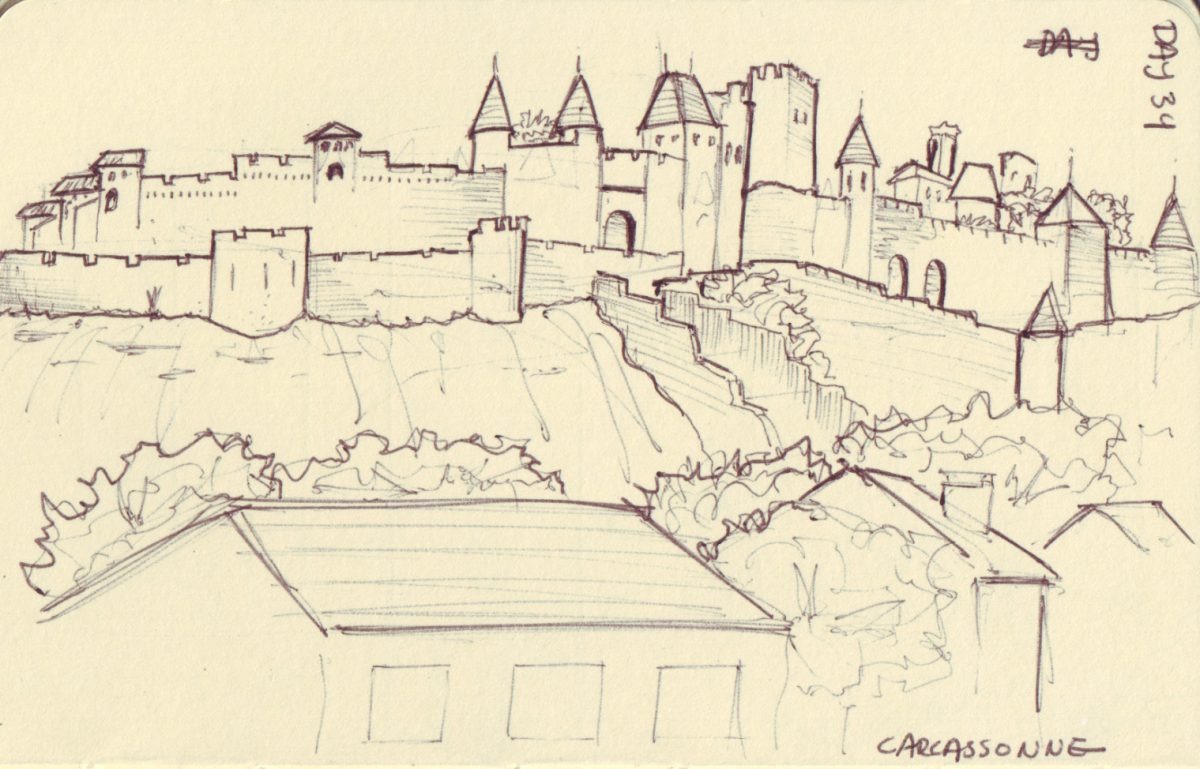 Carcassonne - Pen on sketchbook. Travel journal, during cycling trip accross Europe, paper, ch3, sketchbook