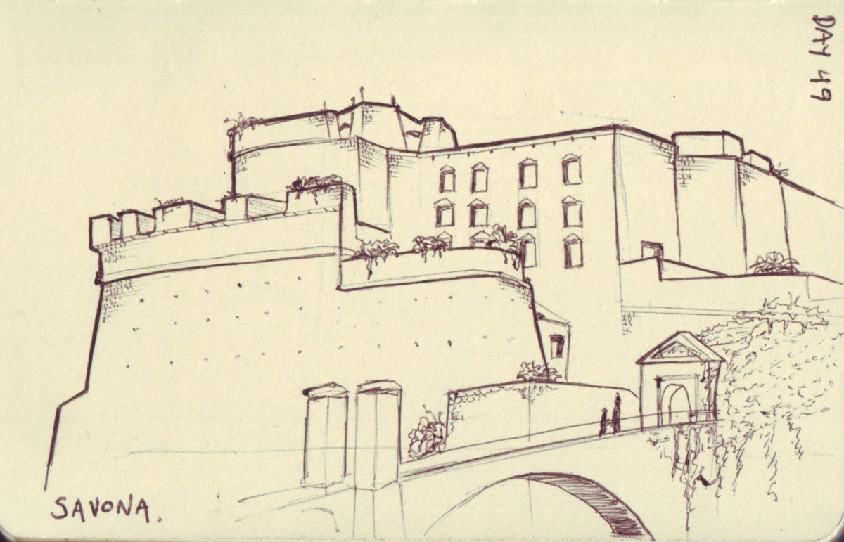 Savona - Pen on sketchbook. Travel journal, during cycling trip accross Europe, paper, ch3, sketchbook