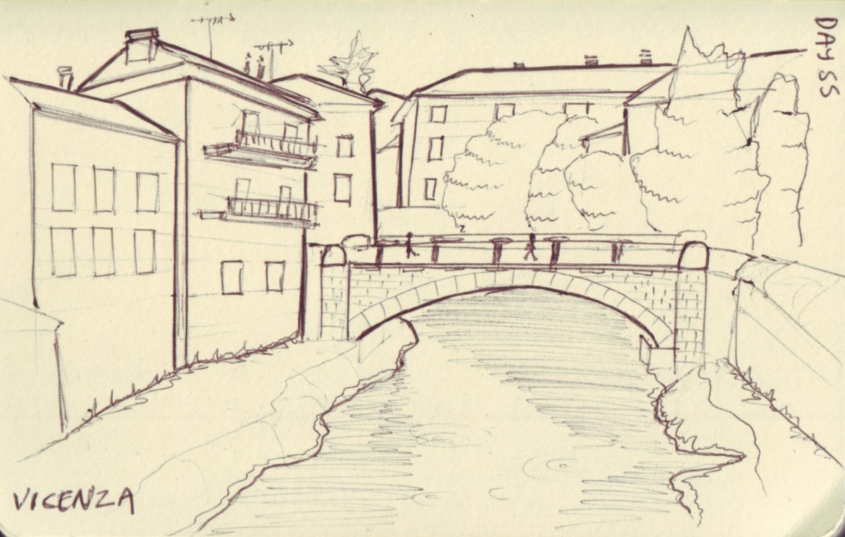 Vicenza - Pen on sketchbook. Travel journal, during cycling trip accross Europe, paper, ch3, sketchbook